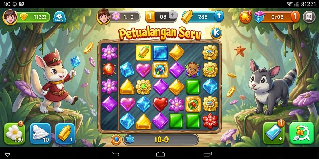 Screenshot MPO1221 menampilkan aksi seru permainan match-3.
