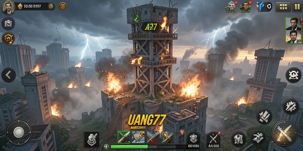 Screenshot gameplay UANG77 menampilkan pertempuran menara yang seru dan menegangkan.